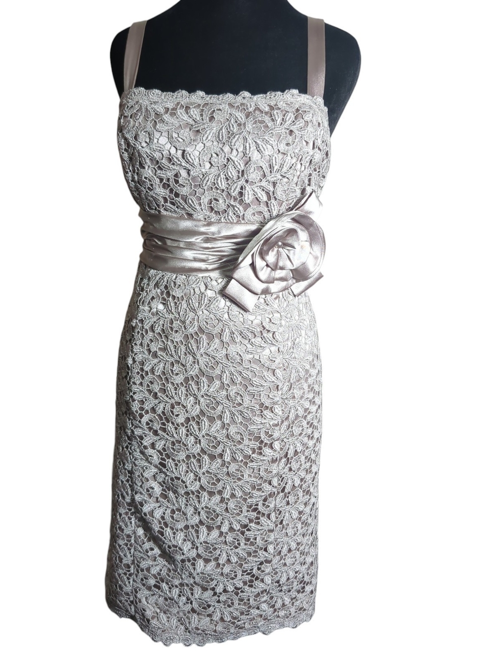 RM Richards 10P Sleeveless Metallic Lace Midi Dress Champagne Rosette Occasion